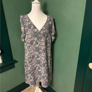 LOFT Floral V-Neck Dress - Blue and Pink